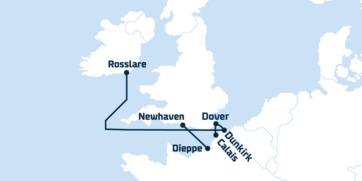 DFDS ferry routes including Dover to Calais and Newhaven to Dieppe