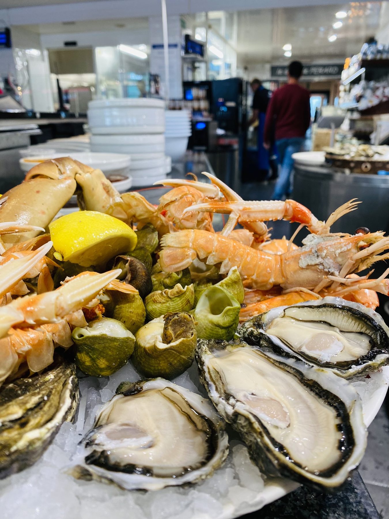 Seafood platter of oysters, langoustines and whelks at Pérard, Le Touquet