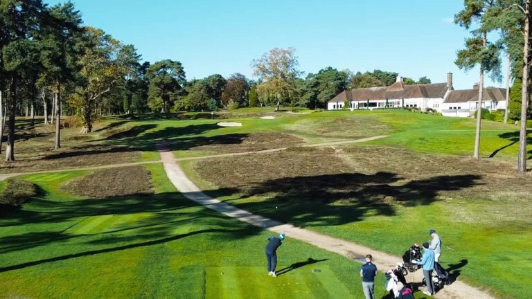 Aerial view of Worplesdon Golf Club clubhouse and course, Woking, Surrey